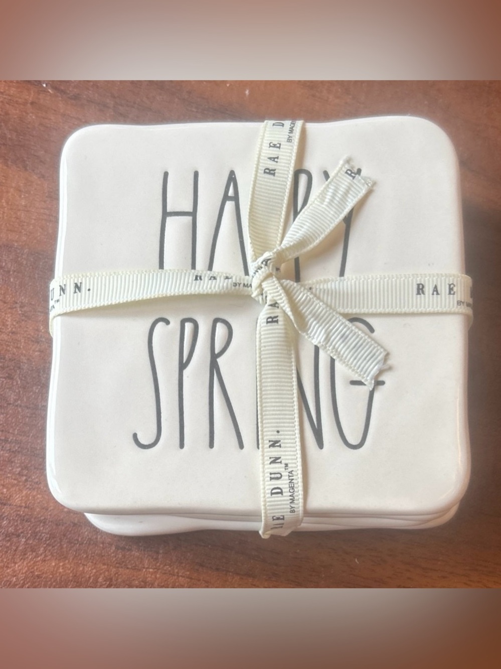 Rae Dunn “Happy Spring” White Ceramic Cork Coasters 4 Set NWT Farmhouse